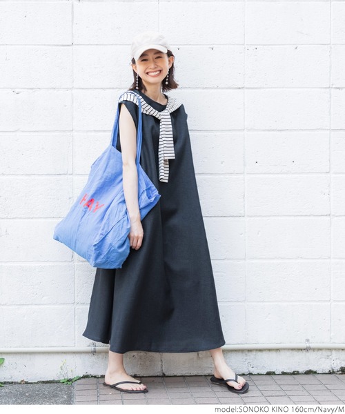 coca(coca)(コカ)の「リネンライクフレンチスリーブロングワンピ(ワンピース・レディース・ベージュ/ネイビー・M/L)」の11枚目の写真