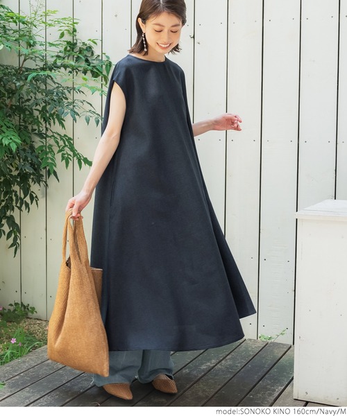 coca(coca)(コカ)の「リネンライクフレンチスリーブロングワンピ(ワンピース・レディース・ベージュ/ネイビー・M/L)」の3枚目の写真