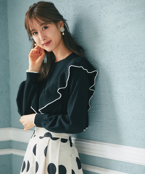 tocco closet（トッコ　クローゼット）の「配色ライン入りフリルニットプルオーバー（ニット/セーター・レディース・ブラック/グレー/アイボリー・M）」の15枚目の写真