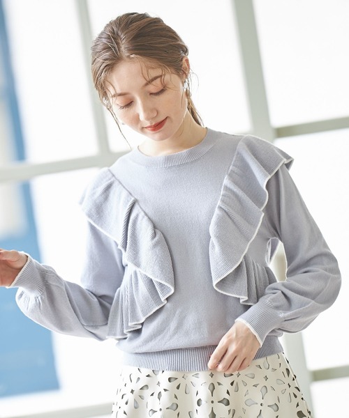 tocco closet（トッコ　クローゼット）の「配色ライン入りフリルニットプルオーバー（ニット/セーター・レディース・ブラック/グレー/アイボリー・M）」の7枚目の写真