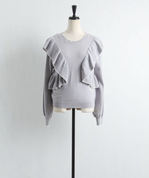 tocco closet（トッコ　クローゼット）の「配色ライン入りフリルニットプルオーバー（ニット/セーター・レディース・ブラック/グレー/アイボリー・M）」の4枚目の写真