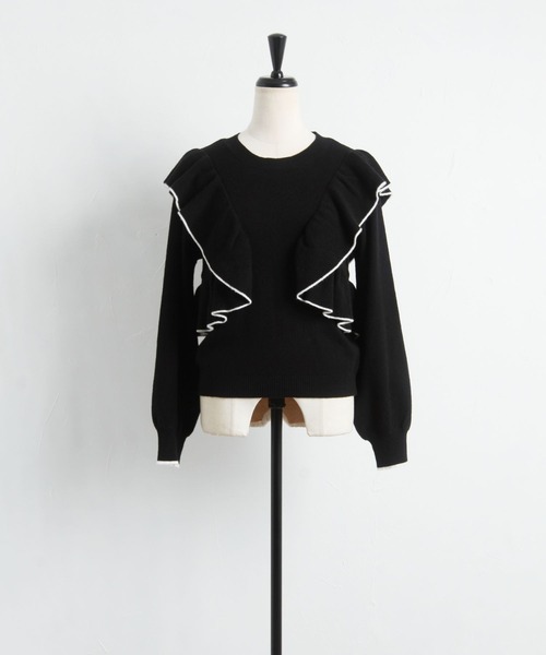 tocco closet（トッコ　クローゼット）の「配色ライン入りフリルニットプルオーバー（ニット/セーター・レディース・ブラック/グレー/アイボリー・M）」の10枚目の写真