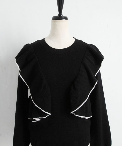 tocco closet（トッコ　クローゼット）の「配色ライン入りフリルニットプルオーバー（ニット/セーター・レディース・ブラック/グレー/アイボリー・M）」の18枚目の写真