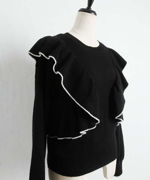 tocco closet（トッコ　クローゼット）の「配色ライン入りフリルニットプルオーバー（ニット/セーター・レディース・ブラック/グレー/アイボリー・M）」の14枚目の写真