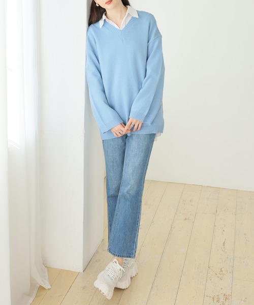 Girly Doll(ガーリードール)の「オーバーサイズVネックニット・セーター(ニット/セーター・レディース・ホワイト/ブラック/ライトグレー/ライトブルー/ライトピンク/モカ・F)」の22枚目の写真