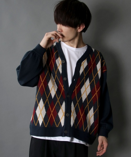 SITRY（シトリー）の「Balloon Sleeve Big silhouette Argyle Knit Cardigan/バルーンスリーブ ビッグシルエット アーガイル ニット カーディガン/カーデ（カーディガン/ボレロ・メンズ・ネイビー/グリーン/チャコールグレー/ブラウン・XL/M/L）」の15枚目の写真