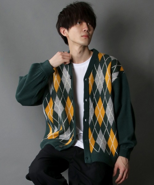 SITRY（シトリー）の「Balloon Sleeve Big silhouette Argyle Knit Cardigan/バルーンスリーブ ビッグシルエット アーガイル ニット カーディガン/カーデ（カーディガン/ボレロ・メンズ・ネイビー/グリーン/チャコールグレー/ブラウン・XL/M/L）」の14枚目の写真