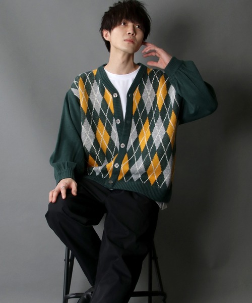 SITRY（シトリー）の「Balloon Sleeve Big silhouette Argyle Knit Cardigan/バルーンスリーブ ビッグシルエット アーガイル ニット カーディガン/カーデ（カーディガン/ボレロ・メンズ・ネイビー/グリーン/チャコールグレー/ブラウン・XL/M/L）」の19枚目の写真