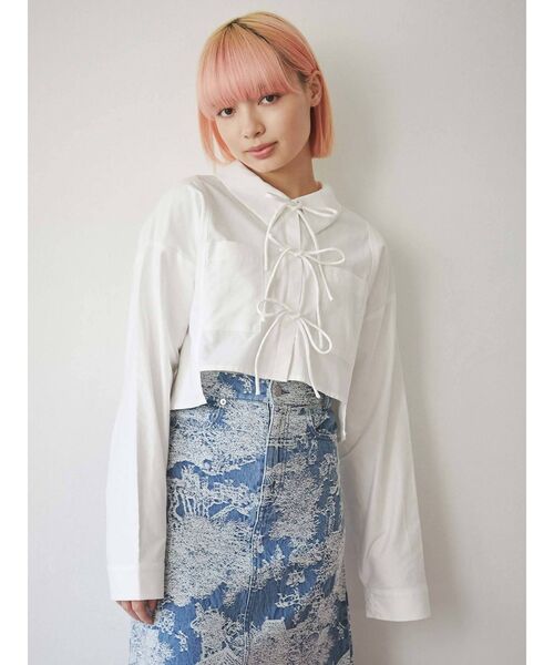 merry jenny（メリージェニー）の「ショートキリカエリボンシャツ（シャツ/ブラウス・レディース・オフホワイト/ブラック・FREE）」の3枚目の写真