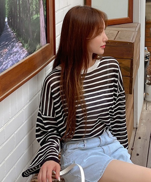 SONA(ソナ)の「SONYUNARA オーバーフィットストライプ長袖Tシャツ(Tシャツ/カットソー・レディース・オレンジ/アイボリー/ブラック・FREE)」の12枚目の写真