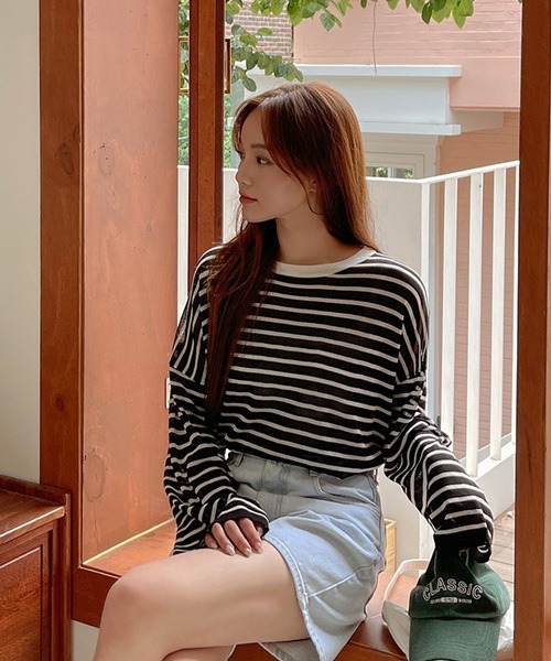 SONA(ソナ)の「SONYUNARA オーバーフィットストライプ長袖Tシャツ(Tシャツ/カットソー・レディース・オレンジ/アイボリー/ブラック・FREE)」の8枚目の写真