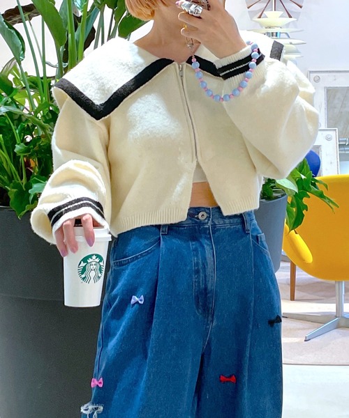 Alley by w closet（アリーバイダブルクローゼット）の「【Alley】ライン入りBIGカラーZIPカーディガン（カーディガン/ボレロ・レディース・ネイビー/オフホワイト・FREE）」の2枚目の写真