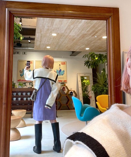 Alley by w closet（アリーバイダブルクローゼット）の「【Alley】ライン入りBIGカラーZIPカーディガン（カーディガン/ボレロ・レディース・ネイビー/オフホワイト・FREE）」の12枚目の写真