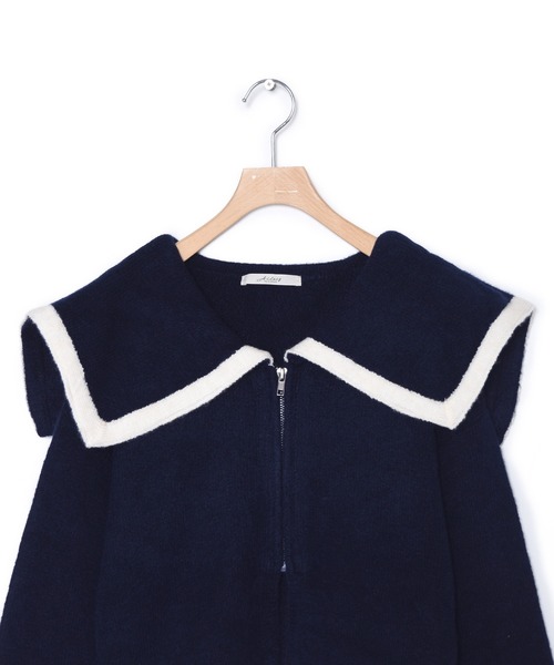 Alley by w closet（アリーバイダブルクローゼット）の「【Alley】ライン入りBIGカラーZIPカーディガン（カーディガン/ボレロ・レディース・ネイビー/オフホワイト・FREE）」の10枚目の写真