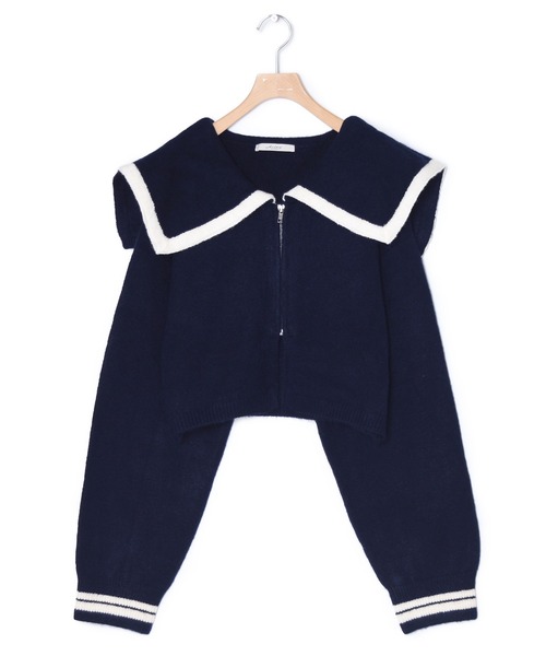 Alley by w closet（アリーバイダブルクローゼット）の「【Alley】ライン入りBIGカラーZIPカーディガン（カーディガン/ボレロ・レディース・ネイビー/オフホワイト・FREE）」の14枚目の写真