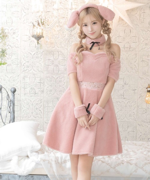 Tika（ティカ）の「コスプレ かわいい アニマル オフショル ウエスト切替 ふわふわ もこもこ うさぎ ミニ ワンピース 4点セット コンカフェ（コスチューム/パーティーグッズ・レディース・ピンク・M）」の8枚目の写真