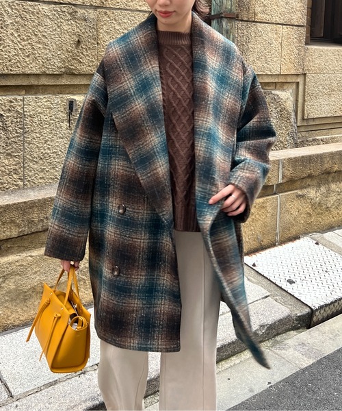 Chez toi（シェトワ）の「チェック柄ショールカラーミドル丈コート