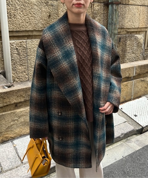 美品　慈雨　コート　チェック柄　ショート グレンチェック ダブル ショート丈 チェスターコート[品番