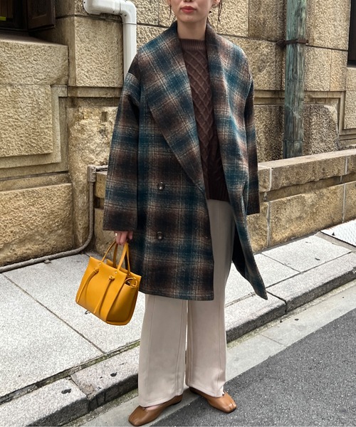 Chez toi（シェトワ）の「チェック柄ショールカラーミドル丈コート