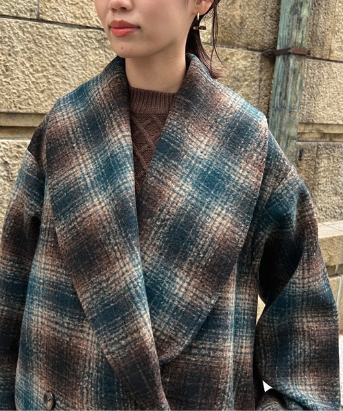 Chez toi（シェトワ）の「チェック柄ショールカラーミドル丈コート