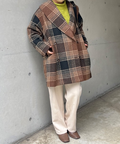 Chez toi（シェトワ）の「チェック柄ショールカラーミドル丈コート