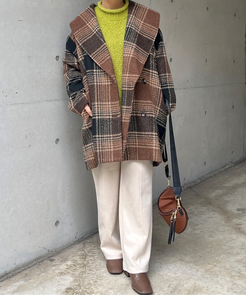 Chez toi（シェトワ）の「チェック柄ショールカラーミドル丈コート