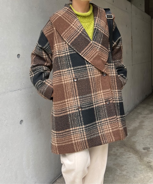 ミニ丈ゆったりチェック柄コート　冬春のお出かけ万能アイテム❤️ ミニ丈ゆったりチェック柄コート 冬春のお出かけ万能アイテム❤️