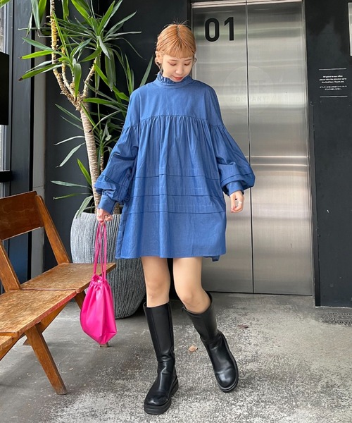 CIAOPANIC(チャオパニック)の「ランタンスリーブタックチュニック/ミニワンピース(ワンピース・レディース・オフホワイト/ブルー/ブラック・FREE)」の9枚目の写真