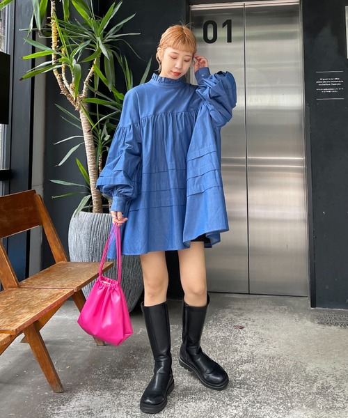 CIAOPANIC(チャオパニック)の「ランタンスリーブタックチュニック/ミニワンピース(ワンピース・レディース・オフホワイト/ブルー/ブラック・FREE)」の10枚目の写真
