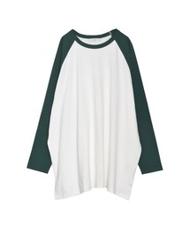 配色ラグランスリーブチュニック丈コットンTシャツ
