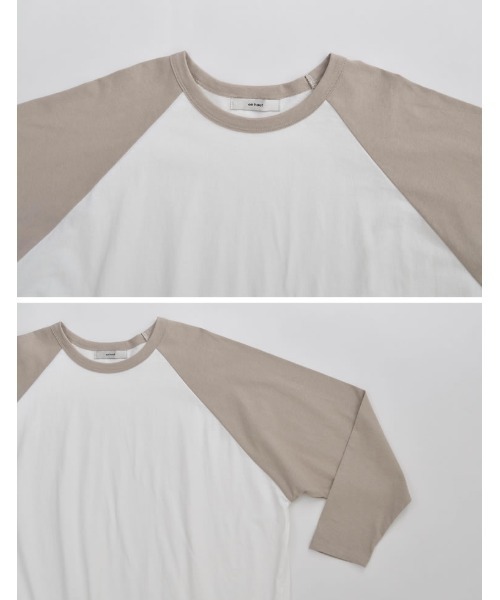 Re:EDIT(リエディ)の「配色ラグランスリーブチュニック丈コットンTシャツ(Tシャツ/カットソー・レディース・グレイッシュベージュ/チャコール/グリーン・FREE)」の10枚目の写真