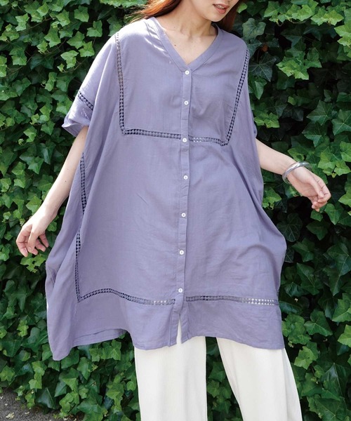 CORNERS（コーナーズ）の「ビッグシルエットデザインチュニック（シャツ/ブラウス・レディース・ホワイト/オレンジ/スミクロ/ライトブルー/カーキ/ベージュ・FREE）」の5枚目の写真