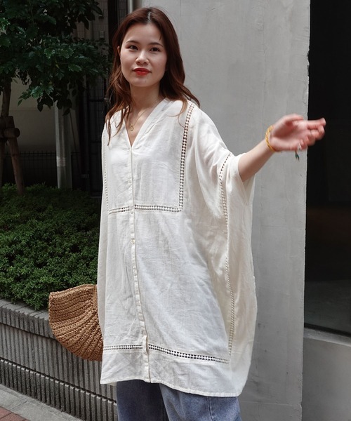 CORNERS（コーナーズ）の「ビッグシルエットデザインチュニック（シャツ/ブラウス・レディース・ホワイト/オレンジ/スミクロ/ライトブルー/カーキ/ベージュ・FREE）」の8枚目の写真