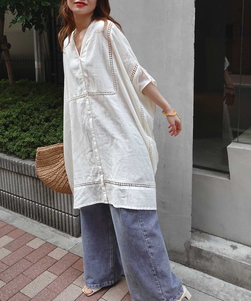 CORNERS（コーナーズ）の「ビッグシルエットデザインチュニック（シャツ/ブラウス・レディース・ホワイト/オレンジ/スミクロ/ライトブルー/カーキ/ベージュ・FREE）」の12枚目の写真