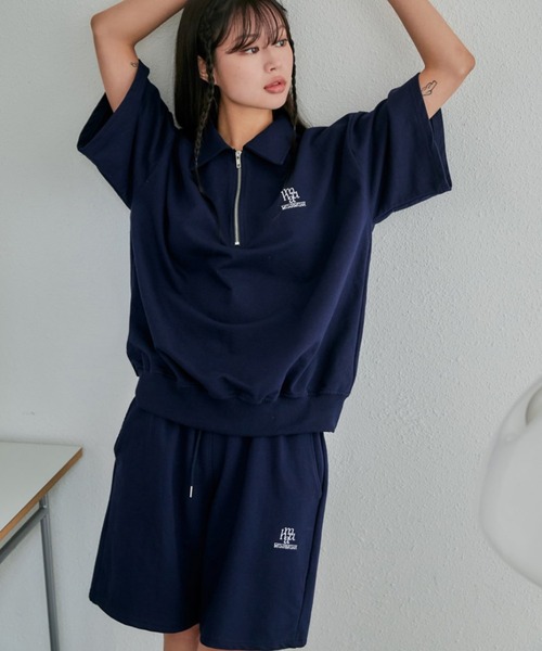 muahmuah(ムーアムーア)の「A'GEM/9 × .kom『muah muah/ムーアムーア』SIGNATURE LOGO HALF PANTS/ロゴハーフパンツ(スウェットパンツ・レディース・ネイビー/グレー・FREE)」の2枚目の写真