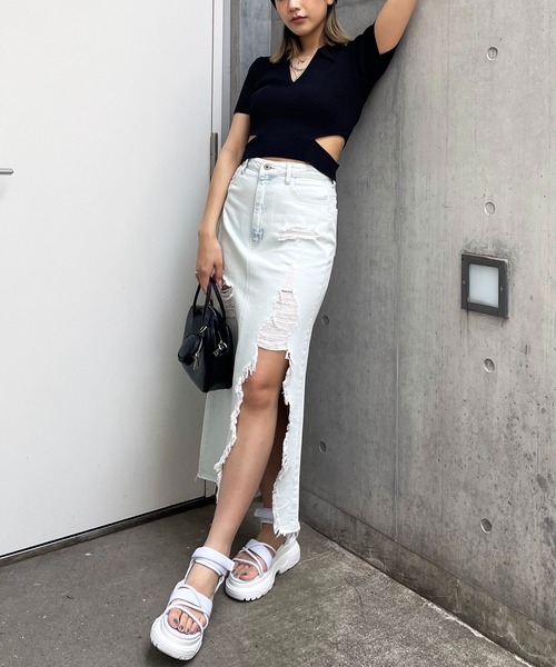 SPIRALGIRL（スパイラルガール）の「サイドオープンリブ半袖ニット