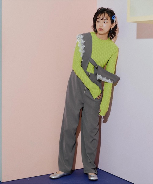 miette(ミエット)の「レーストリムフロントジップオールインワン(つなぎ/オールインワン・レディース・グレー/ブラック・FREE)」の7枚目の写真