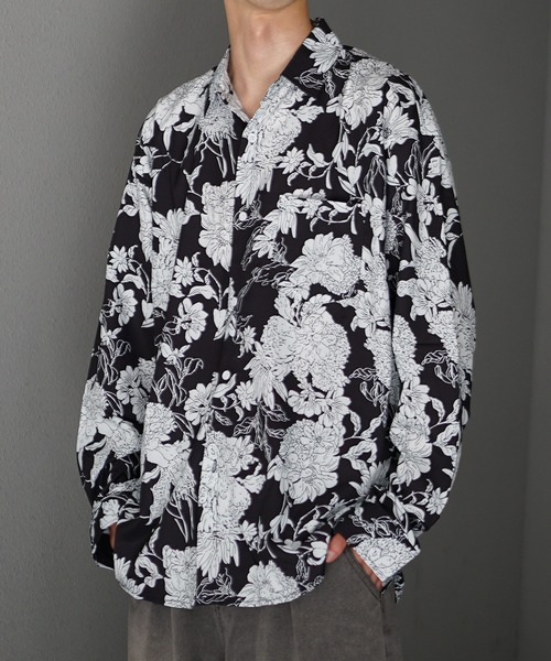 メンズ 総柄シャツ フリンジ ビッグシルエット T02095 unrelaxing シャツ ビッグシルエット総柄開襟シアーシャツ