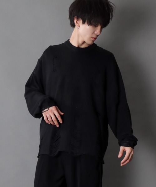 セール】damage knit crew neck sweater/ダメージ ニット クルーネック
