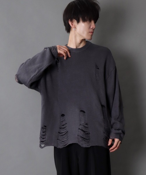 サカイ　コットン　クルーネック　ダメージ　ニット　セーター　デストロイ　メンズ セール】damage knit crew neck sweater/ダメージ ニット クルーネック