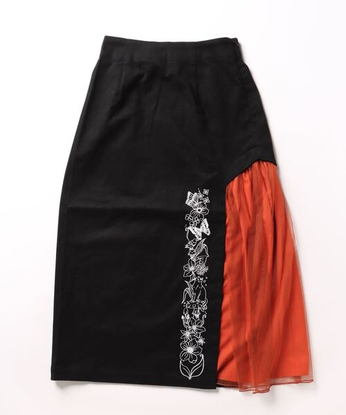 141605：ネコ花柄刺繍 チュール切替ペンシルスカート