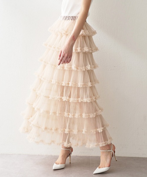 美品 ウィムガゼット チュールフリルスカート ピンクベージュ ペチコート付 F 美品 ウィムガゼット チュールフリルスカート ピンクベージュ