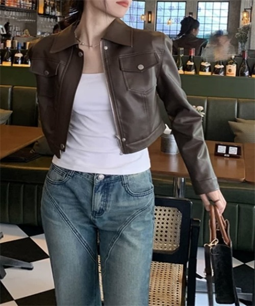 Dream garden（ドリームガーデン）の「PUレザージャケット（ライダースジャケット・レディース・ブラウン/ブラック・L/M/S）」の12枚目の写真