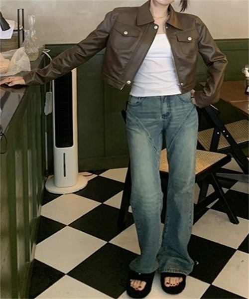 Dream garden（ドリームガーデン）の「PUレザージャケット（ライダースジャケット・レディース・ブラウン/ブラック・L/M/S）」の7枚目の写真