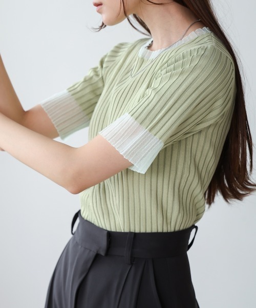 Bab（バブ）の「【新色追加】シアー使い5分袖リブニットトップス（ニット/セーター・レディース・ベージュ/ブルー/アイボリー/ブラック/ライトグリーン/チャコールグレー/ブラウン・FREE）」の7枚目の写真