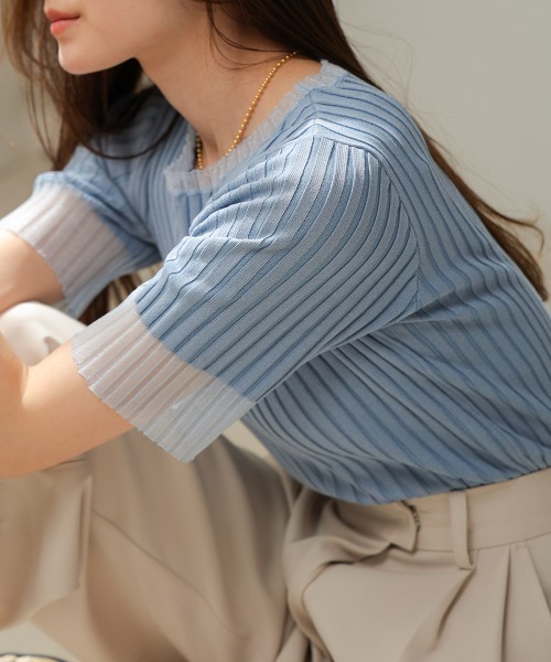 Bab（バブ）の「【新色追加】シアー使い5分袖リブニットトップス（ニット/セーター・レディース・ベージュ/ブルー/アイボリー/ブラック/ライトグリーン/チャコールグレー/ブラウン・FREE）」の20枚目の写真