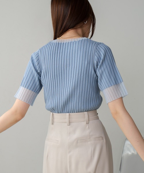 Bab（バブ）の「【新色追加】シアー使い5分袖リブニットトップス（ニット/セーター・レディース・ベージュ/ブルー/アイボリー/ブラック/ライトグリーン/チャコールグレー/ブラウン・FREE）」の14枚目の写真