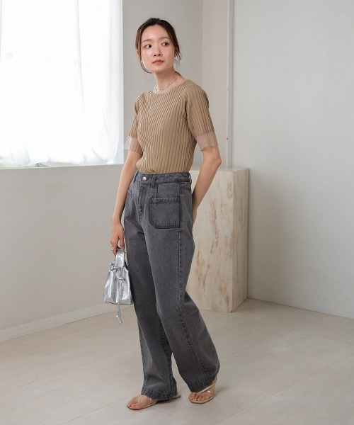 Bab（バブ）の「【新色追加】シアー使い5分袖リブニットトップス（ニット/セーター・レディース・ベージュ/ブルー/アイボリー/ブラック/ライトグリーン/チャコールグレー/ブラウン・FREE）」の9枚目の写真