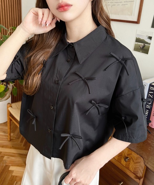 moment+（モーメントプラス）の「TCブロード半袖ショートリボンシャツ