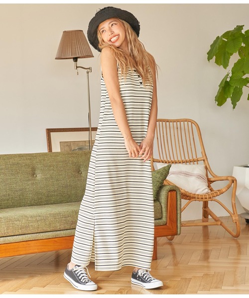 anap mimpi(アナップミンピ)の「ヘンリーネック ランダムボーダー マキシワンピース(ワンピース・レディース・ブラック/ホワイト・FREE)」の17枚目の写真